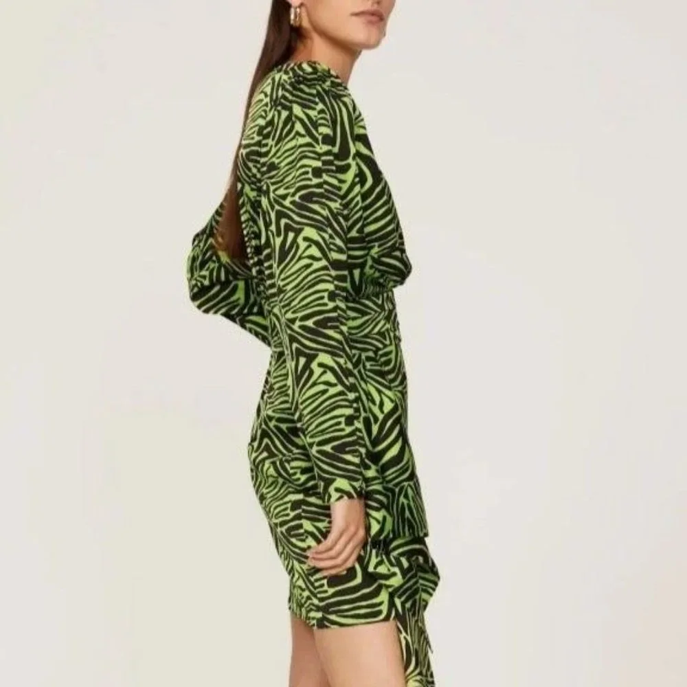 Rent the runway size 4 low cut ronny kobo zebra print green dress ruffle animal